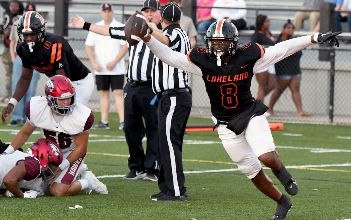 Lakeland’s Joshua Smith celebrates after recovering a St. Joseph’s Prep fumble near the goal line on Friday at Bryant Stadium in Lakeland. 